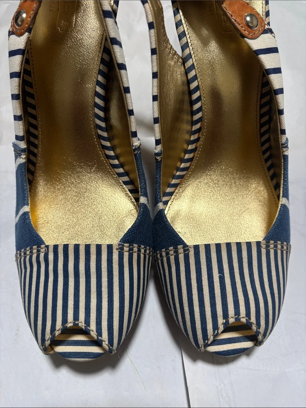 Coach Navy & White Striped Peep-Toe Slingback Heels with Gold Insole
